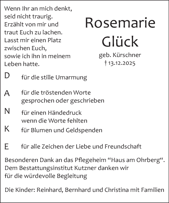 Traueranzeige von Rosemarie Glück von Deister- und Weserzeitung