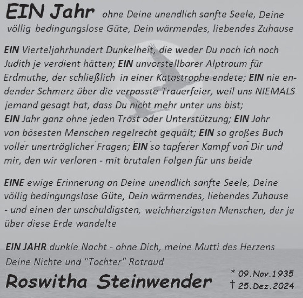  Traueranzeige für Roswitha Steinwender vom 27.01.2026 aus Deister- und Weserzeitung