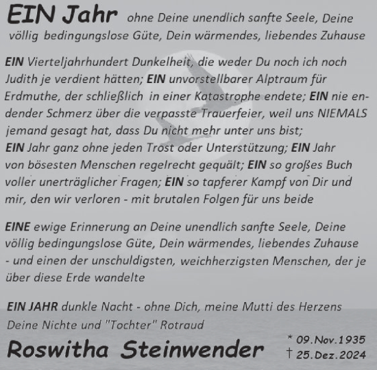 Traueranzeige von Roswitha Steinwender von Deister- und Weserzeitung