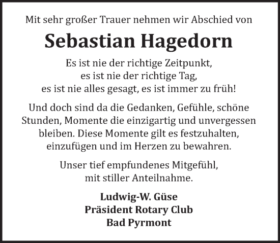 Traueranzeige von Sebastian Hagedorn von Deister- und Weserzeitung