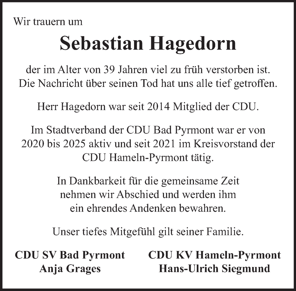  Traueranzeige für Sebastian Hagedorn vom 24.01.2026 aus Deister- und Weserzeitung