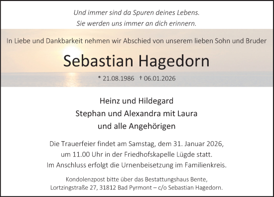 Traueranzeige von Sebastian Hagedorn von Deister- und Weserzeitung