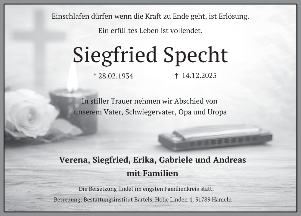  Traueranzeige für Siegfried Specht vom 10.01.2026 aus Deister- und Weserzeitung