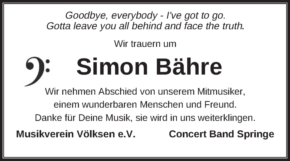  Traueranzeige für Simon Bähre vom 10.01.2026 aus Neue Deister-Zeitung