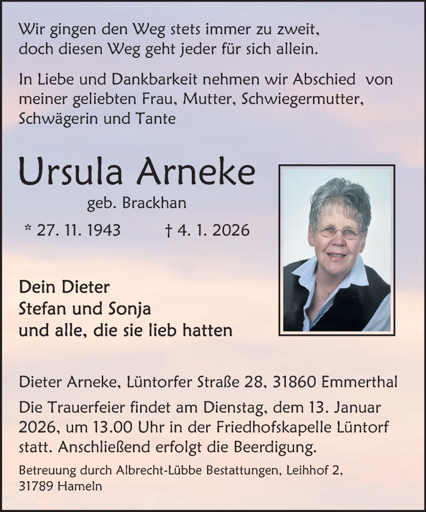  Traueranzeige für Ursula Arneke vom 10.01.2026 aus Deister- und Weserzeitung