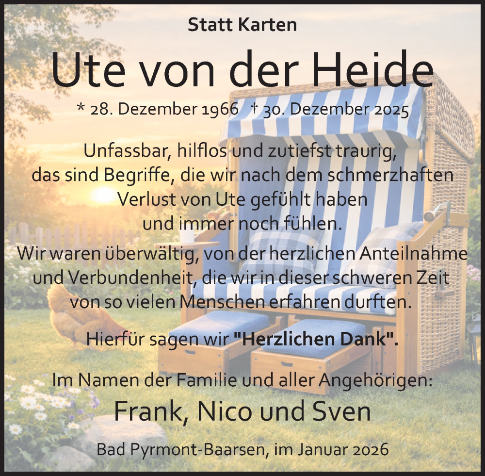  Traueranzeige für Ute von der Heide vom 31.01.2026 aus Deister- und Weserzeitung