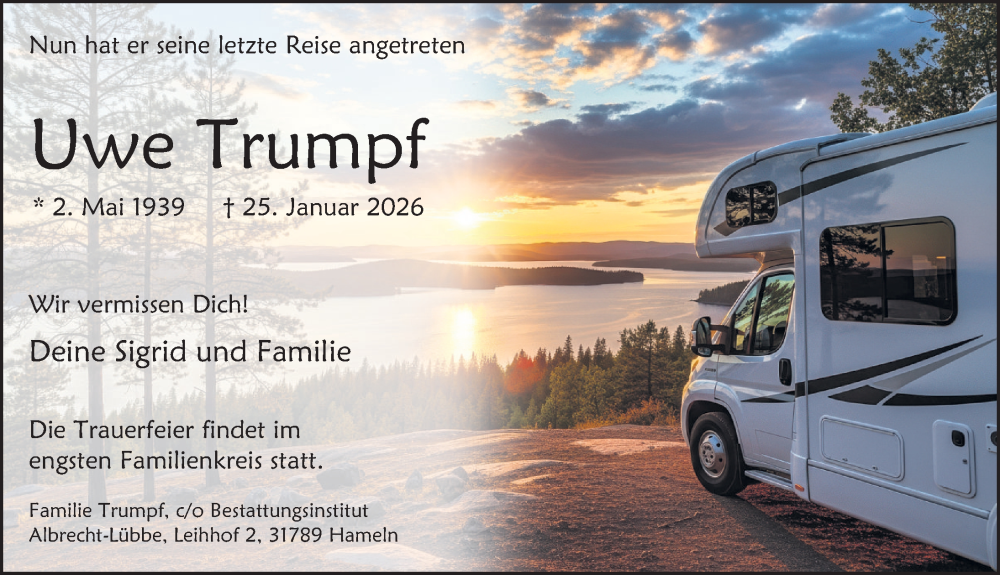  Traueranzeige für Uwe Trumpf vom 31.01.2026 aus Deister- und Weserzeitung