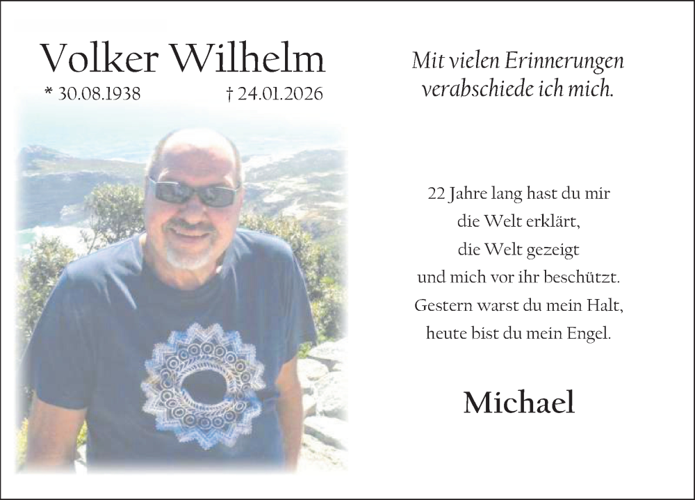  Traueranzeige für Volker Wilhelm vom 31.01.2026 aus Deister- und Weserzeitung