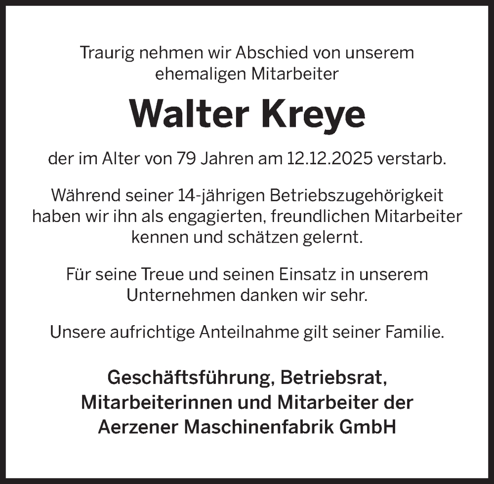  Traueranzeige für Walter Kreye vom 23.01.2026 aus Deister- und Weserzeitung