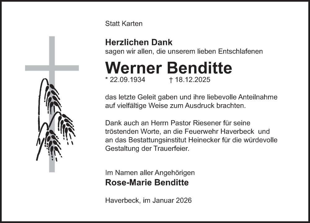  Traueranzeige für Werner Benditte vom 31.01.2026 aus Deister- und Weserzeitung