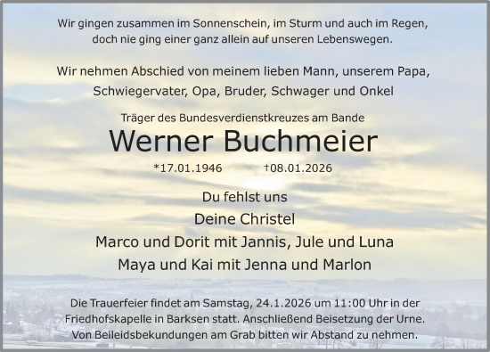 Traueranzeige von Werner Buchmeier von Deister- und Weserzeitung