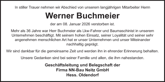 Traueranzeige von Werner Buchmeier von Deister- und Weserzeitung