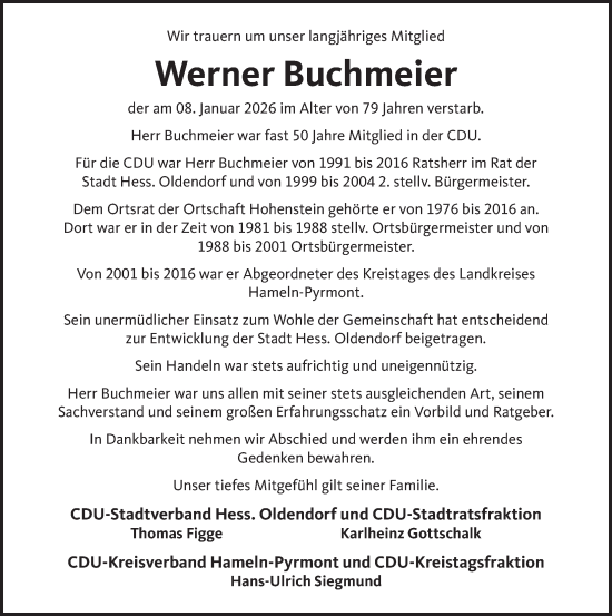 Traueranzeige von Werner Buchmeier von Deister- und Weserzeitung