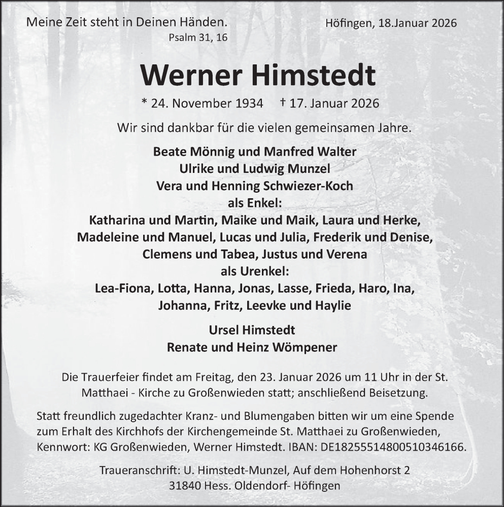  Traueranzeige für Werner Himstedt vom 20.01.2026 aus Deister- und Weserzeitung