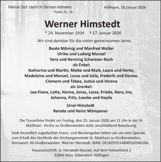 Traueranzeige von Werner Himstedt von Deister- und Weserzeitung