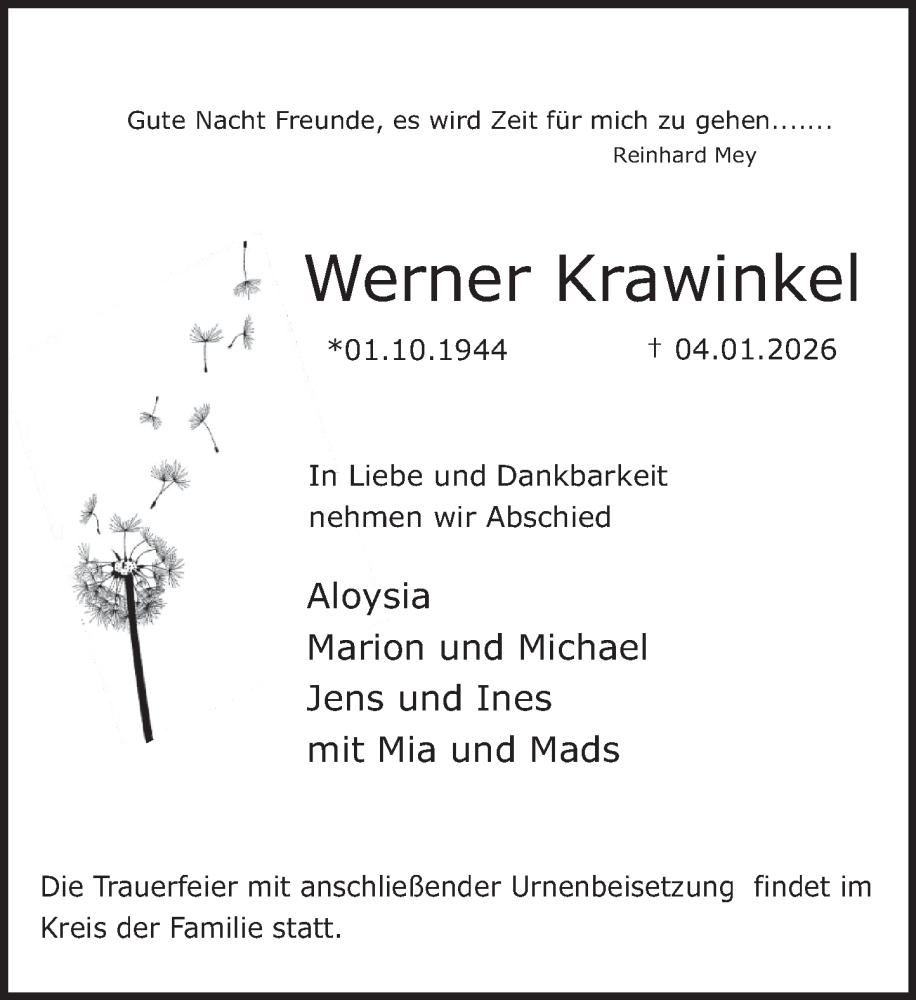  Traueranzeige für Werner Krawinkel vom 10.01.2026 aus Deister- und Weserzeitung
