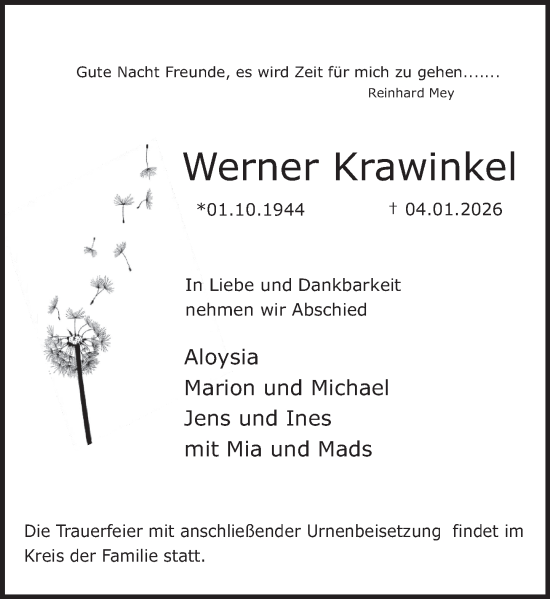 Traueranzeige von Werner Krawinkel von Deister- und Weserzeitung