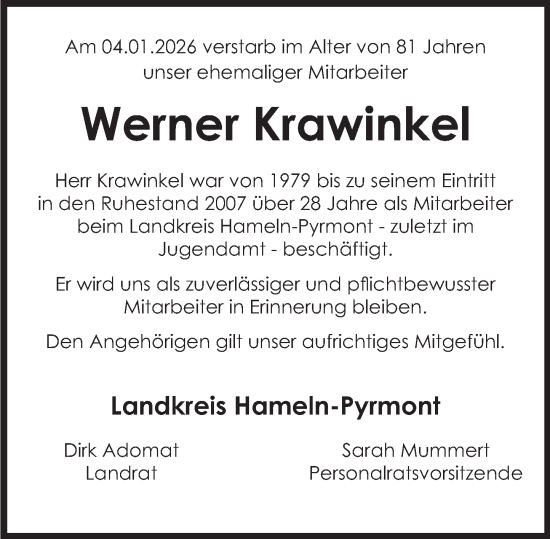 Traueranzeige von Werner Krawinkel von Deister- und Weserzeitung