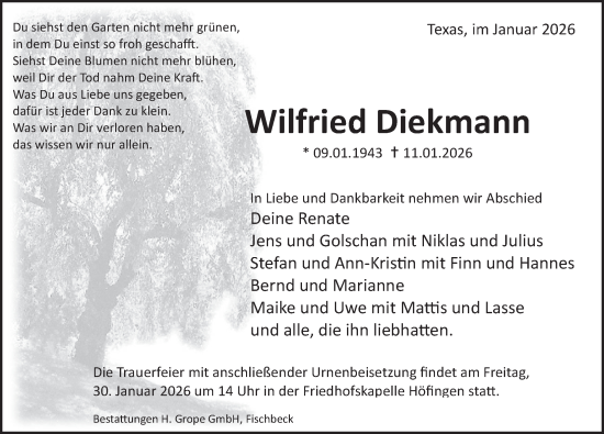 Traueranzeige von Wilfried Diekmann von Deister- und Weserzeitung