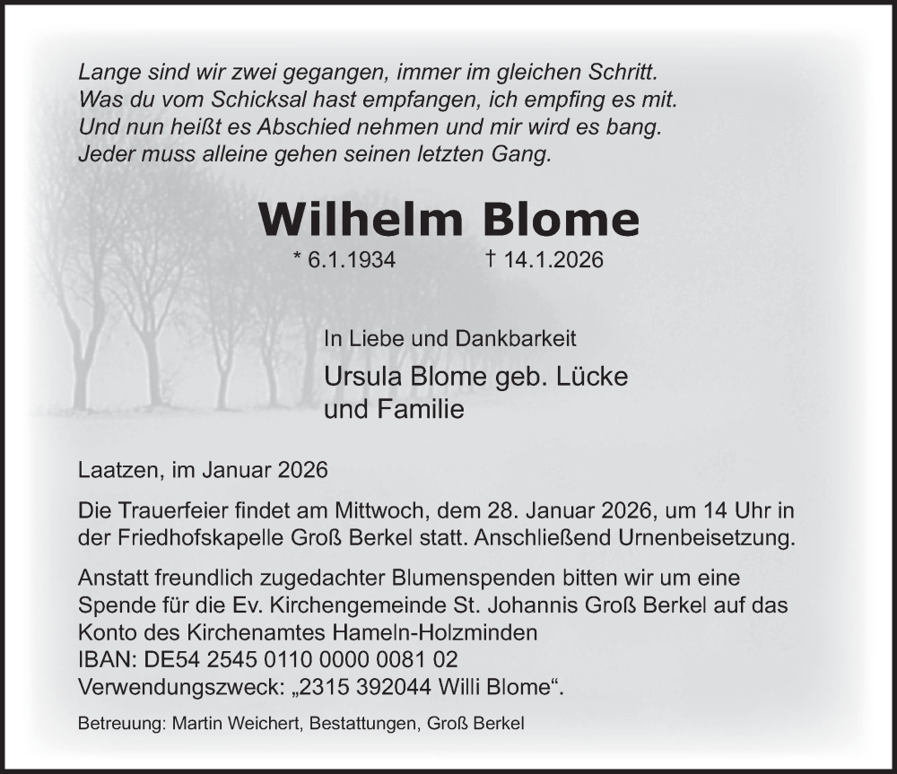  Traueranzeige für Wilhelm Blome vom 24.01.2026 aus Deister- und Weserzeitung