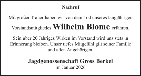 Traueranzeige von Wilhelm Blome von Deister- und Weserzeitung