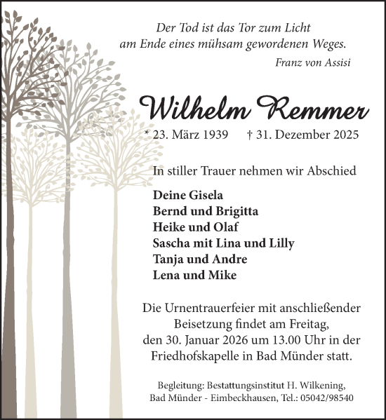 Traueranzeige von Wilhelm Remmer von Neue Deister-Zeitung