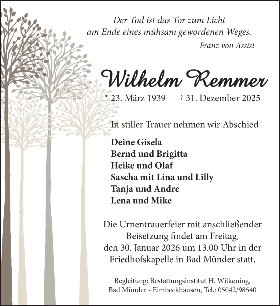  Traueranzeige für Wilhelm Remmer vom 24.01.2026 aus Neue Deister-Zeitung