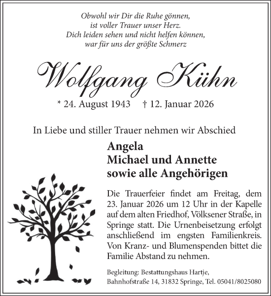 Traueranzeige von Wolfgang Kühn von Neue Deister-Zeitung