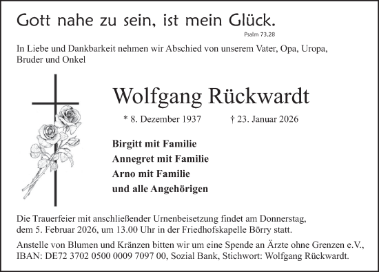 Traueranzeige von Wolfgang Rückwardt von Deister- und Weserzeitung