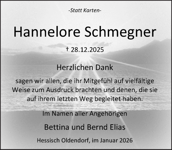 Traueranzeige von Hannelore Schmegner 