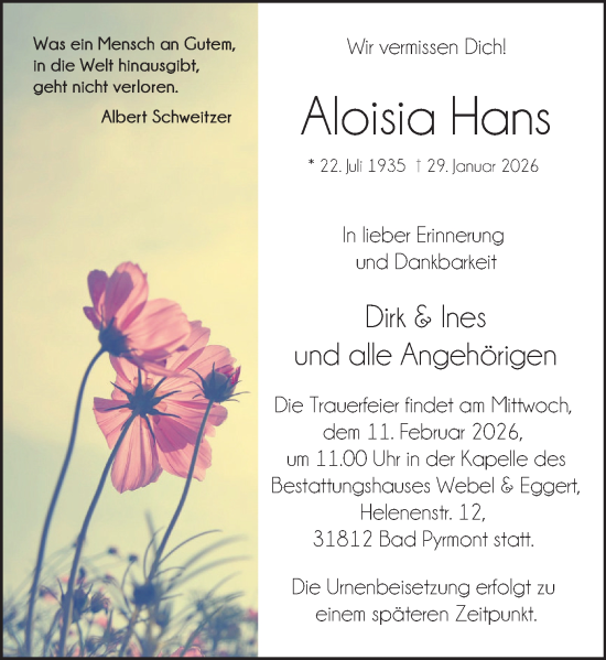 Traueranzeige von Aloisia Hans von Deister- und Weserzeitung
