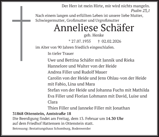 Traueranzeige von Anneliese Schäfer von Deister- und Weserzeitung