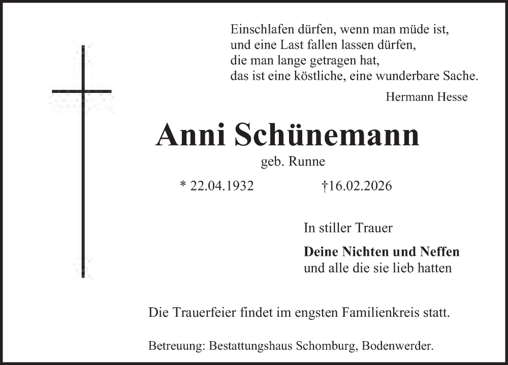  Traueranzeige für Anni Schünemann vom 21.02.2026 aus Deister- und Weserzeitung
