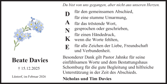 Traueranzeige von Beate Davies von Deister- und Weserzeitung