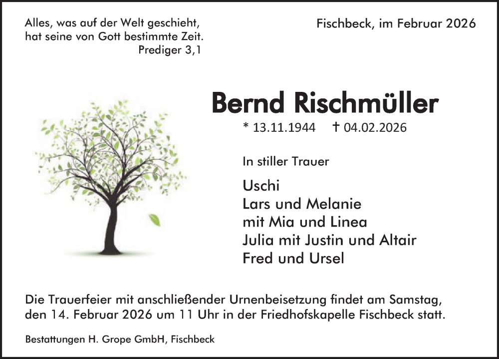  Traueranzeige für Bernd Rischmüller vom 07.02.2026 aus Deister- und Weserzeitung