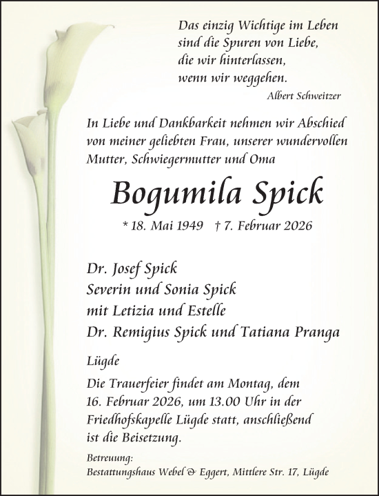 Traueranzeige von Bogumila Spick von Deister- und Weserzeitung