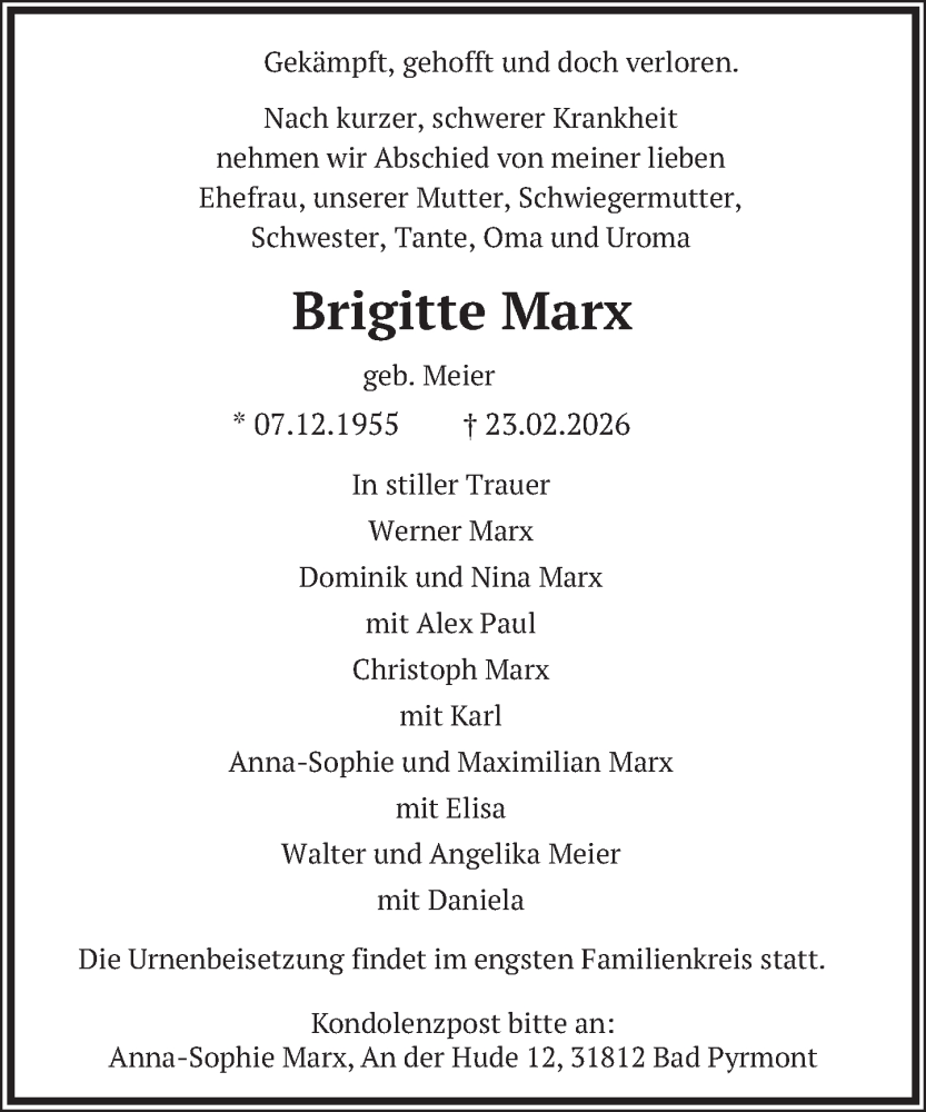  Traueranzeige für Brigitte Marx vom 28.02.2026 aus Deister- und Weserzeitung