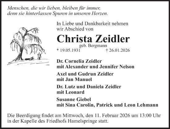 Traueranzeige von Christa Zeidler von Deister- und Weserzeitung