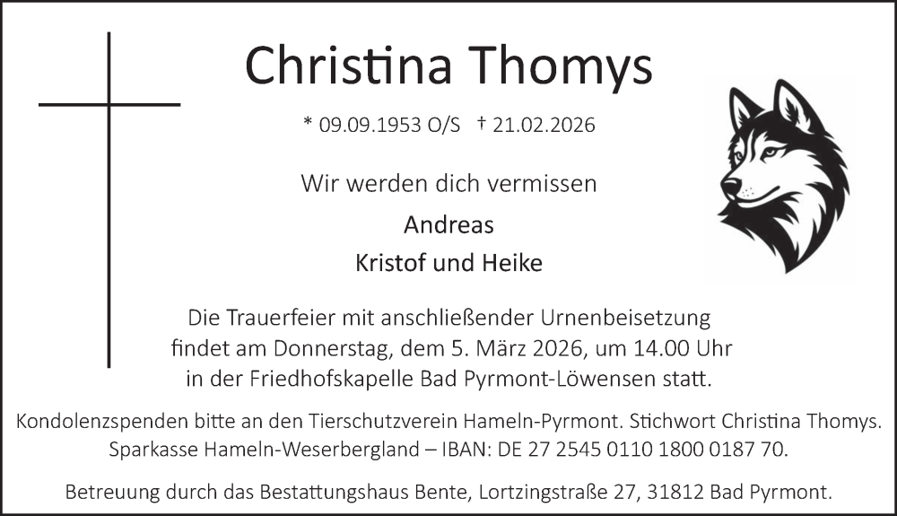  Traueranzeige für Christina Thomys vom 28.02.2026 aus Deister- und Weserzeitung