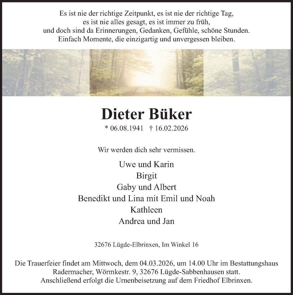  Traueranzeige für Dieter Büker vom 21.02.2026 aus Deister- und Weserzeitung