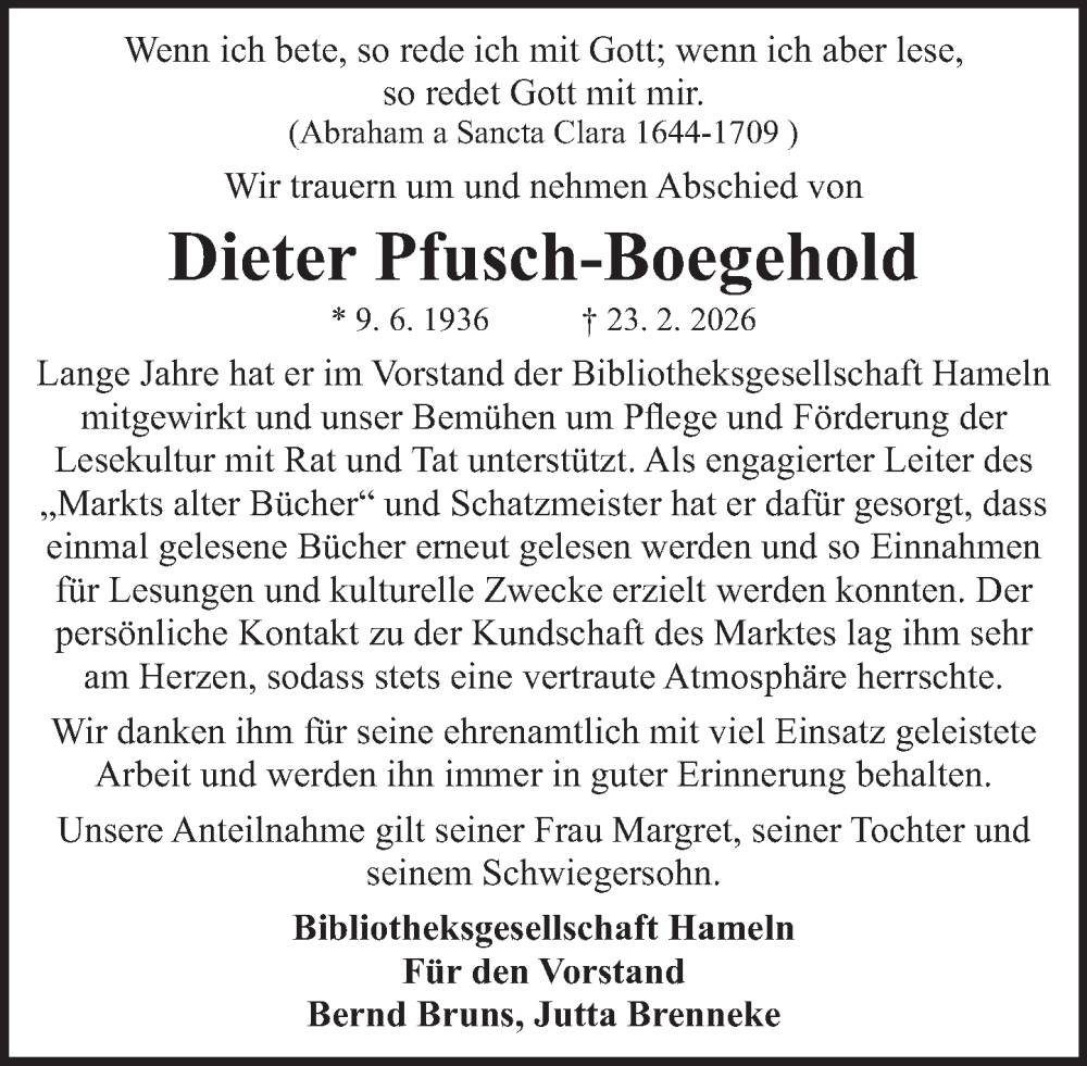  Traueranzeige für Dieter Pfusch-Boegehold vom 28.02.2026 aus Deister- und Weserzeitung