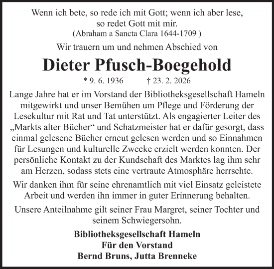 Traueranzeige von Dieter Pfusch-Boegehold von Deister- und Weserzeitung