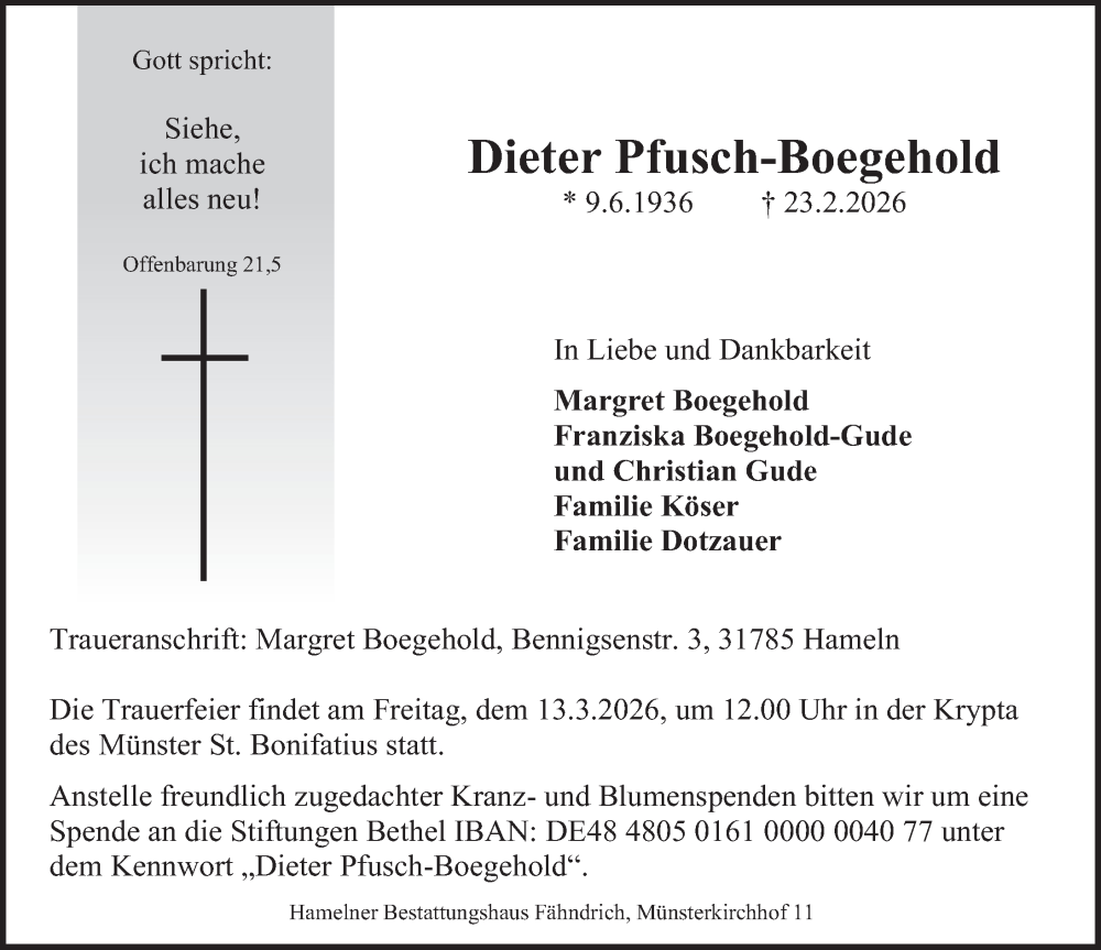  Traueranzeige für Dieter Pfusch-Boegehold vom 28.02.2026 aus Deister- und Weserzeitung