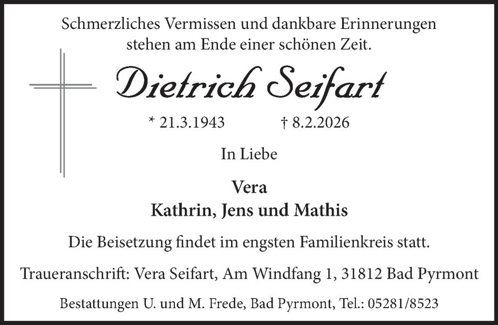  Traueranzeige für Dietrich Seifart vom 14.02.2026 aus Deister- und Weserzeitung