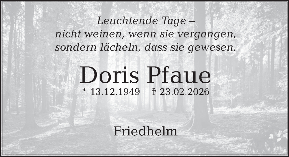  Traueranzeige für Doris Pfaue vom 28.02.2026 aus Deister- und Weserzeitung