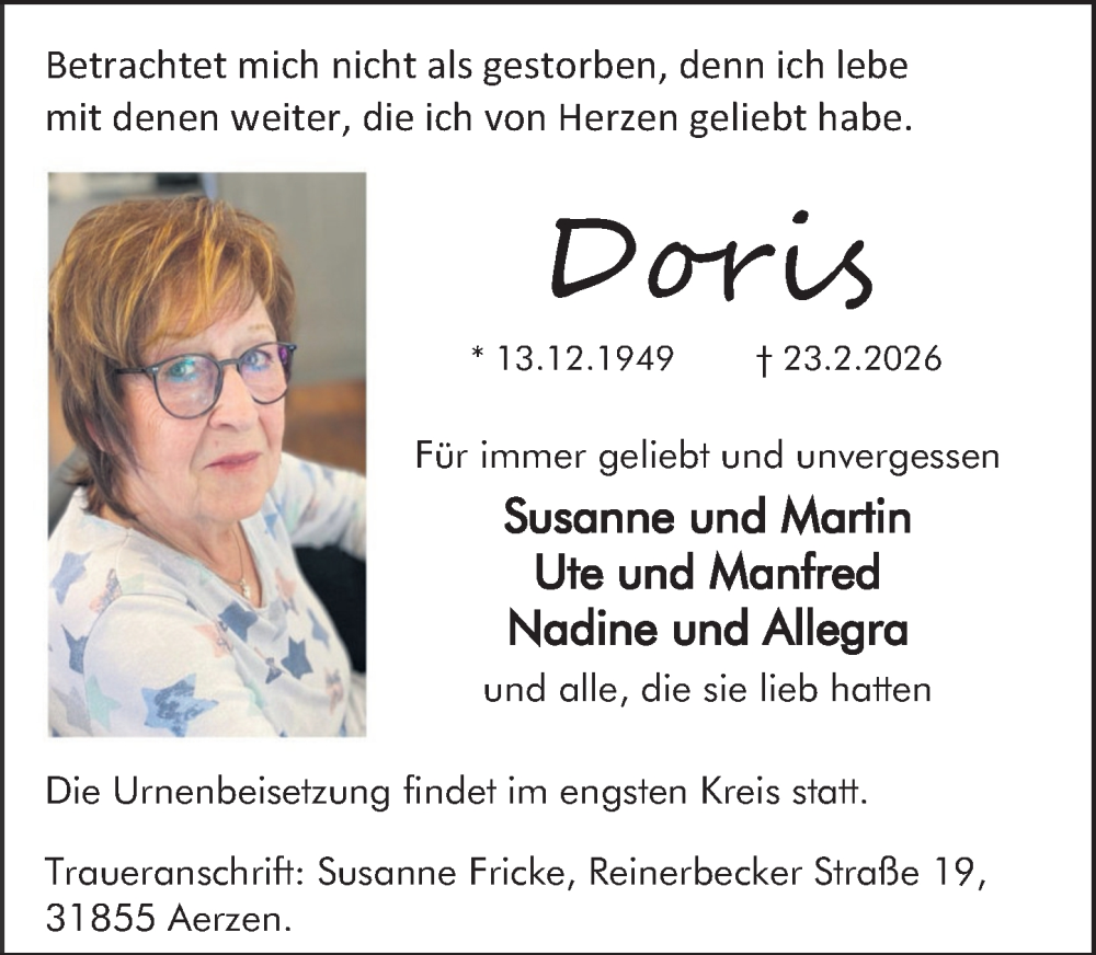  Traueranzeige für Doris Pfaue vom 28.02.2026 aus Deister- und Weserzeitung