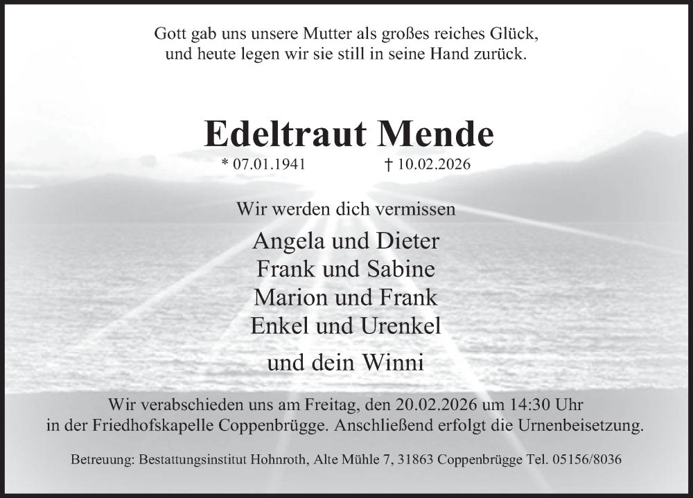  Traueranzeige für Edeltraut Mende vom 14.02.2026 aus Deister- und Weserzeitung