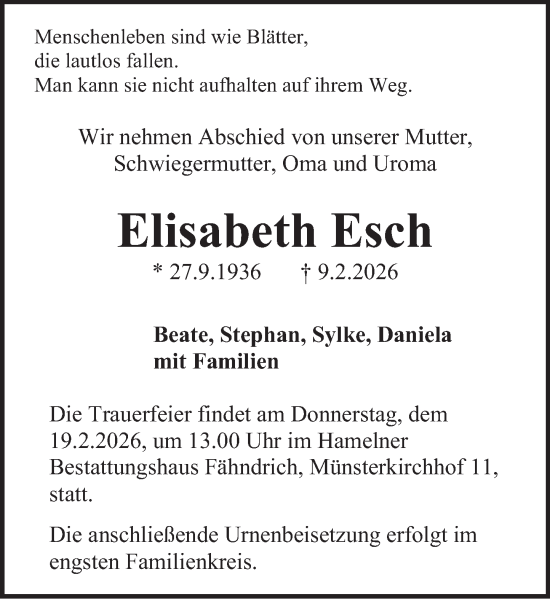 Traueranzeige von Elisabeth Esch von Deister- und Weserzeitung