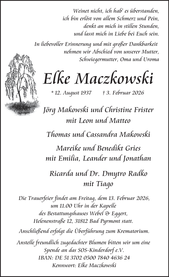 Traueranzeige von Elke Maczkowski von Deister- und Weserzeitung