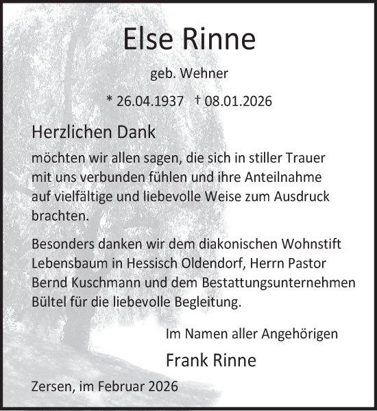 Traueranzeige von Else Rinne von Deister- und Weserzeitung